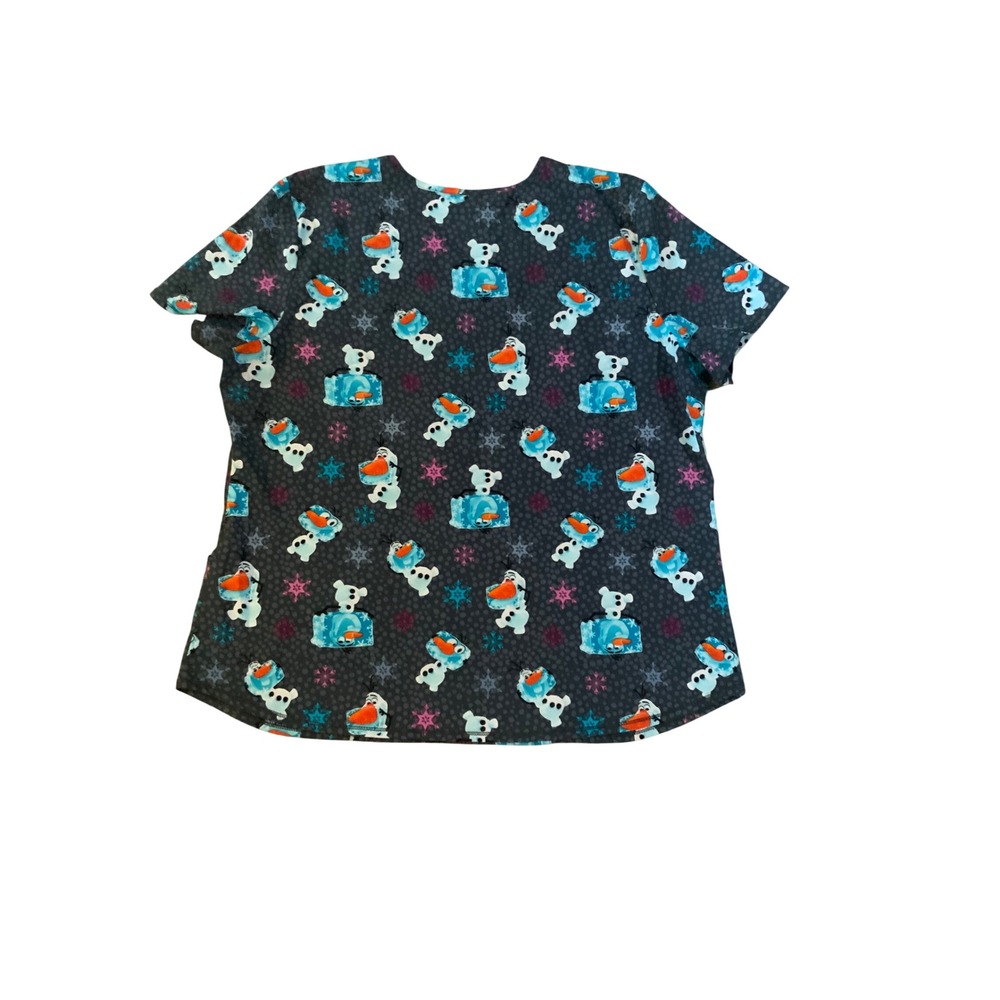 Disney Frozen Olaf Scrub Top Womens XL Grey V-Neck Medical Uniform Snowflakes - Picture 2 of 3